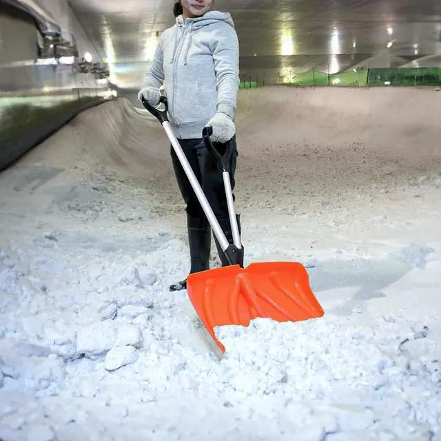 Alt view image 3 of 5 - Ergonomic Snow Shovel Garage Snow Removal with Back-Saving Fore-Grip, 17.5 Inch x 12.5 Inch Blade with Aluminum Edge, Wide Snow Shovel for Doorway Sidewalk and Deck, Orange
