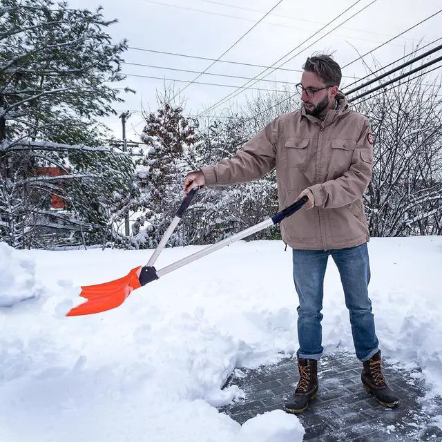Alt view image 5 of 5 - Ergonomic Snow Shovel Garage Snow Removal with Back-Saving Fore-Grip, 17.5 Inch x 12.5 Inch Blade with Aluminum Edge, Wide Snow Shovel for Doorway Sidewalk and Deck, Orange
