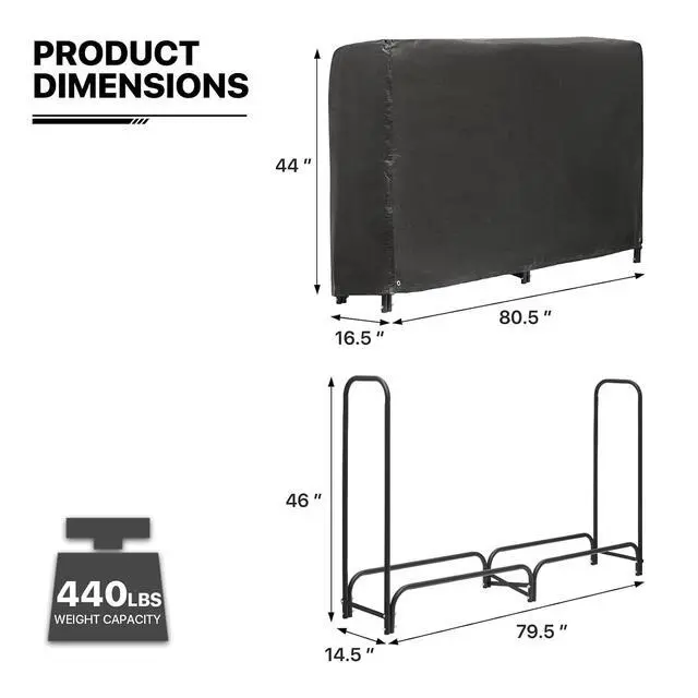 Alt view image 2 of 7 - 6.6 ft Firewood Rack Outdoor with Cover, Fire Wood Pile Storage with Waterproof Cover, 440 lb Capacity Firewood Holder Outdoor