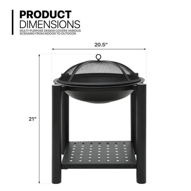 Alt view image 2 of 7 - 22" Portable Fire Pit Outdoor Wood Burning Firepit Outside BBQ Grill Cooking with Rack for Patio Backyard Picnic Garden, Black