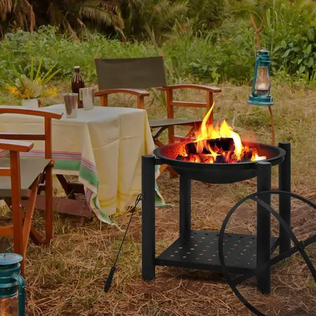 Alt view image 3 of 7 - 22" Portable Fire Pit Outdoor Wood Burning Firepit Outside BBQ Grill Cooking with Rack for Patio Backyard Picnic Garden, Black