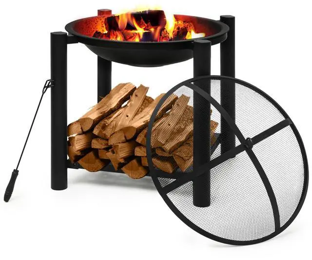 Main image of 22" Portable Fire Pit Outdoor Wood Burning Firepit Outside BBQ Grill Cooking with Rack for Patio Backyard Picnic Garden, Black