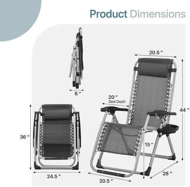 Alt view image 2 of 7 - Outdoor Folding Camping Lounge Zero Gravity Recliner Chair with Removable Cushion (Grey)