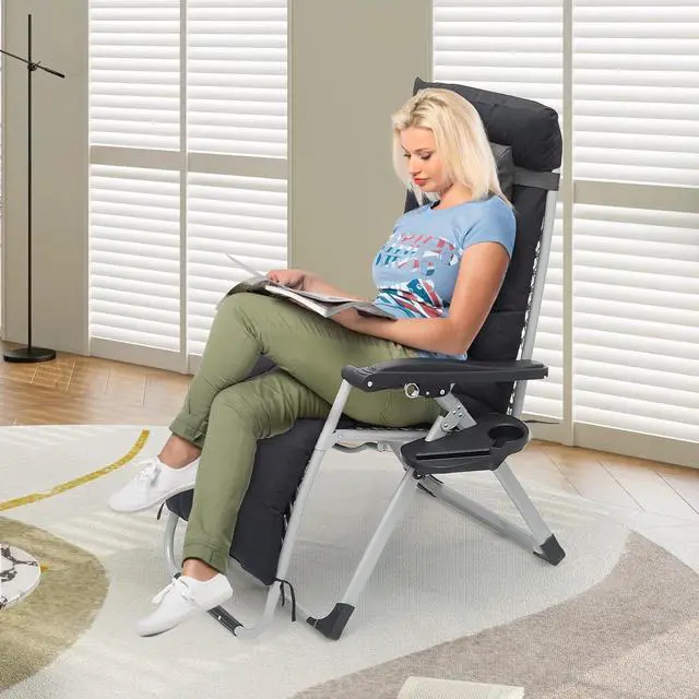 Alt view image 4 of 7 - Outdoor Folding Camping Lounge Zero Gravity Recliner Chair with Removable Cushion (Grey)