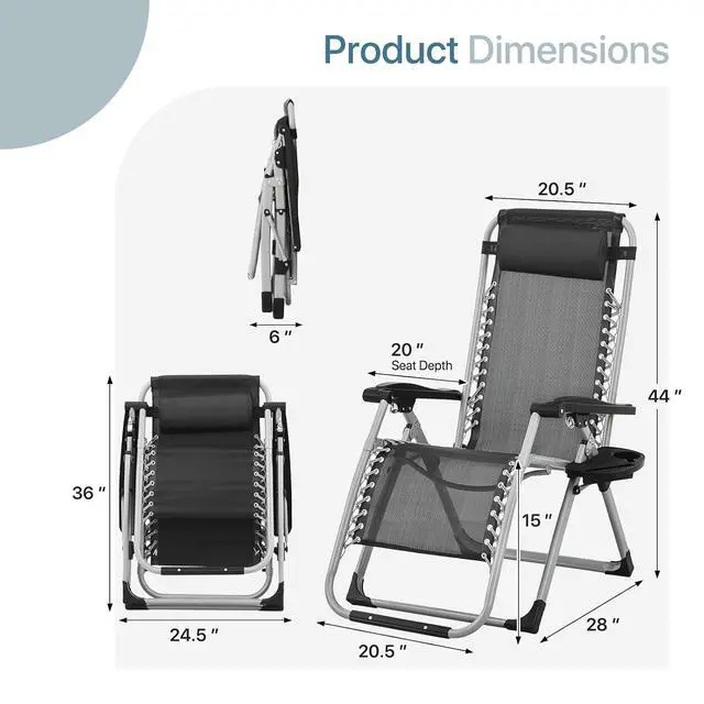 Alt view image 2 of 7 - Outdoor Folding Camping Lounge Zero Gravity Recliner Chair with Removable Cushion (Black)