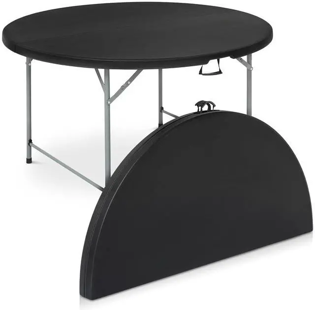 Main image of Round Plastic Bi-Folding Table with Carrying Handle, Indoor Outdoor Portable Table for Patio Party Wedding Event Conference, Black, 60 Inch