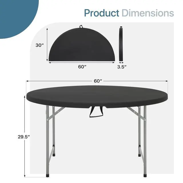 Alt view image 3 of 7 - Round Plastic Bi-Folding Table with Carrying Handle, Indoor Outdoor Portable Table for Patio Party Wedding Event Conference, Black, 60 Inch
