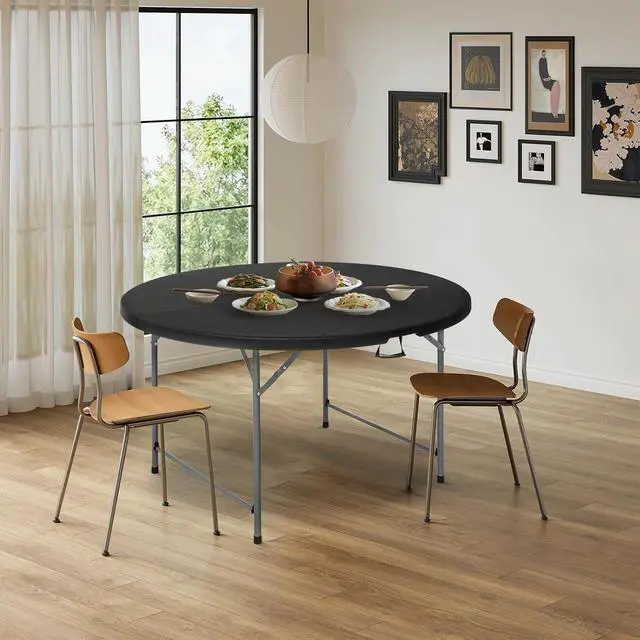 Alt view image 2 of 7 - Round Plastic Bi-Folding Table with Carrying Handle, Indoor Outdoor Portable Table for Patio Party Wedding Event Conference, Black, 60 Inch