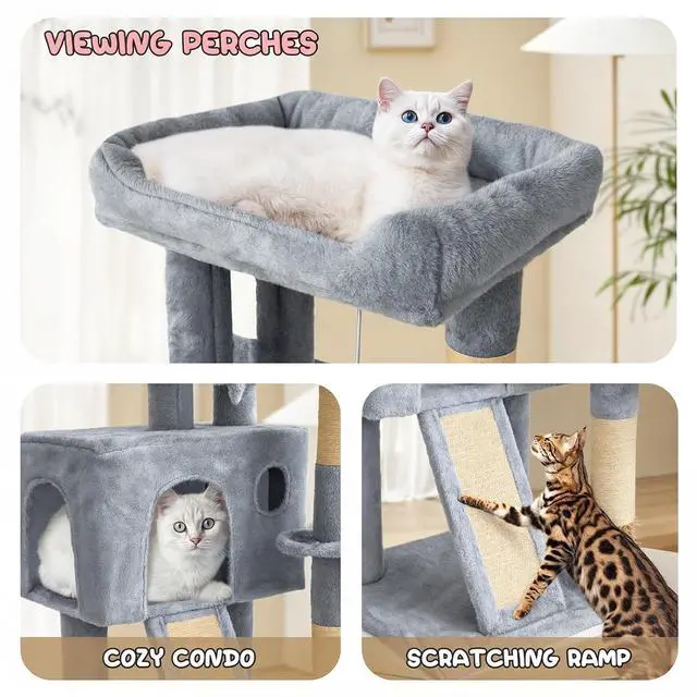 Alt view image 7 of 7 - 36-Inch Cat Tree with Condo, Hammock & Sisal Scratching Posts, Multi-Level Climbing Stand for Indoor Cats, Light Grey