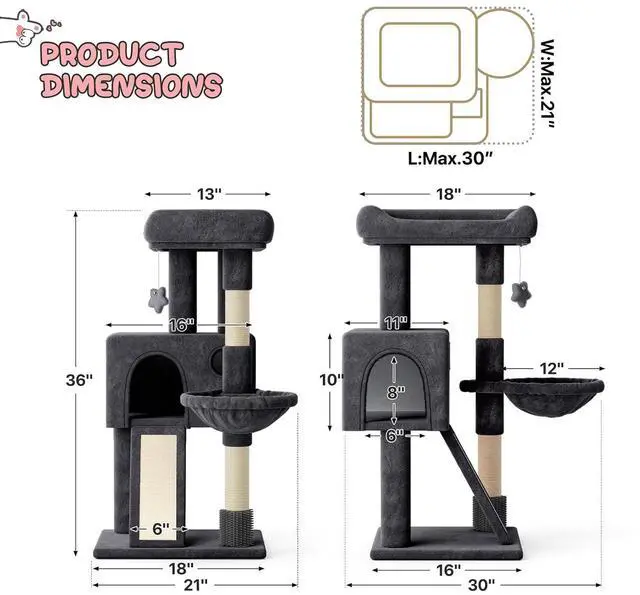 Alt view image 2 of 7 - 36-Inch Cat Tree with Condo, Hammock & Sisal Scratching Posts, Multi-Level Climbing Stand for Indoor Cats, Smoky Grey
