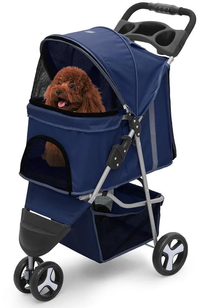 Main image of Dog Stroller for Dogs and Cats, Foldable Pet Jogger Stroller with Cup Holders, Cat Stroller w/Bottom Storage for Pets up to 33 lbs, Navy Blue