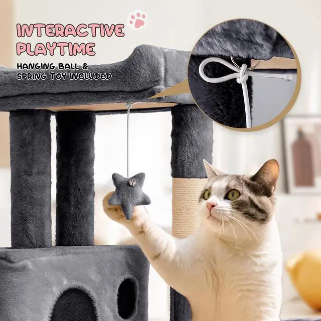 Alt view image 5 of 7 - 36-Inch Cat Tree with Condo, Hammock & Sisal Scratching Posts, Multi-Level Climbing Stand for Indoor Cats, Smoky Grey