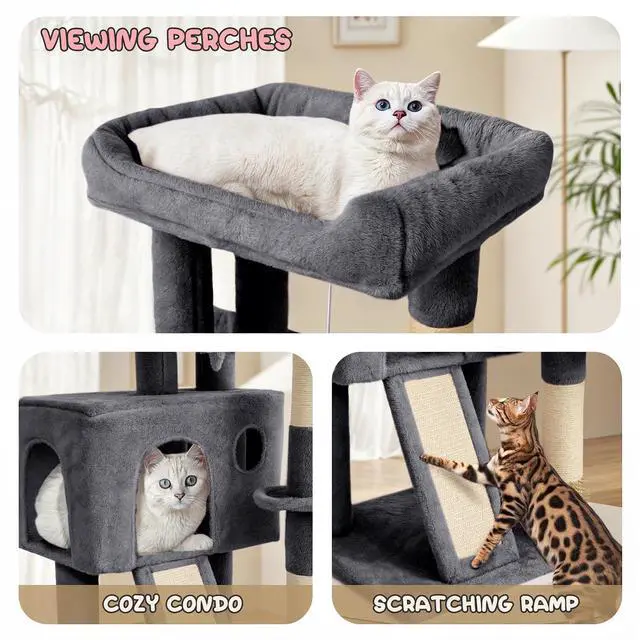 Alt view image 7 of 7 - 36-Inch Cat Tree with Condo, Hammock & Sisal Scratching Posts, Multi-Level Climbing Stand for Indoor Cats, Smoky Grey