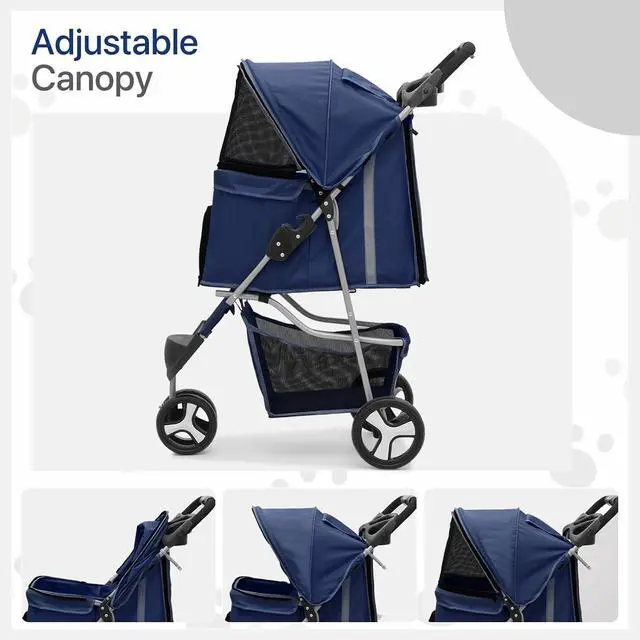 Alt view image 4 of 7 - Dog Stroller for Dogs and Cats, Foldable Pet Jogger Stroller with Cup Holders, Cat Stroller w/Bottom Storage for Pets up to 33 lbs, Navy Blue
