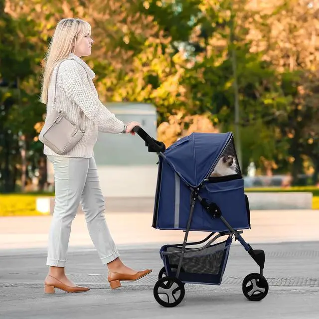 Alt view image 3 of 7 - Dog Stroller for Dogs and Cats, Foldable Pet Jogger Stroller with Cup Holders, Cat Stroller w/Bottom Storage for Pets up to 33 lbs, Navy Blue