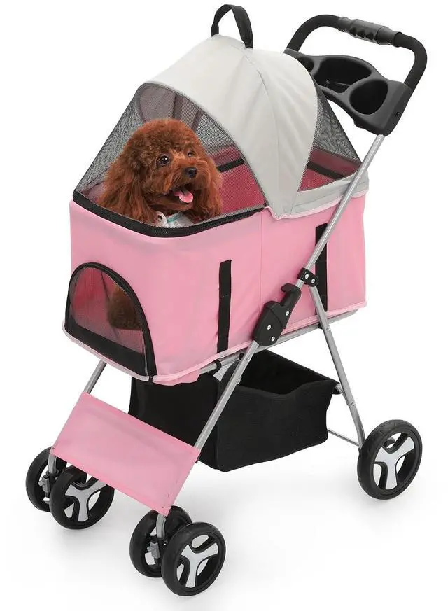 Main image of 3-in-1 Foldable Dog Stroller with Detachable Carrier & Cup Holder, 4 Wheel Foldable Jogging Travel Stroller for Small/Medium Dogs & Cats up to 33 lbs, Pink