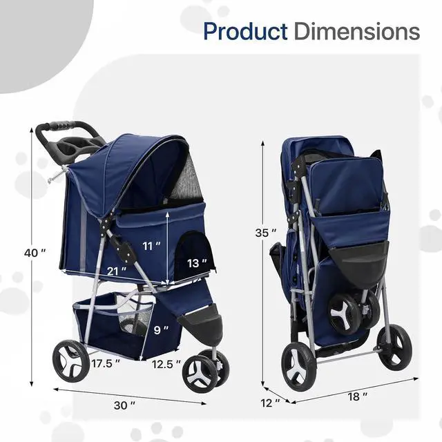 Alt view image 2 of 7 - Dog Stroller for Dogs and Cats, Foldable Pet Jogger Stroller with Cup Holders, Cat Stroller w/Bottom Storage for Pets up to 33 lbs, Navy Blue