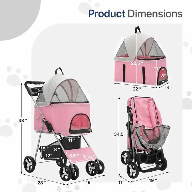 Alt view image 2 of 7 - 3-in-1 Foldable Dog Stroller with Detachable Carrier & Cup Holder, 4 Wheel Foldable Jogging Travel Stroller for Small/Medium Dogs & Cats up to 33 lbs, Pink
