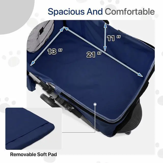 Alt view image 6 of 7 - Dog Stroller for Dogs and Cats, Foldable Pet Jogger Stroller with Cup Holders, Cat Stroller w/Bottom Storage for Pets up to 33 lbs, Navy Blue