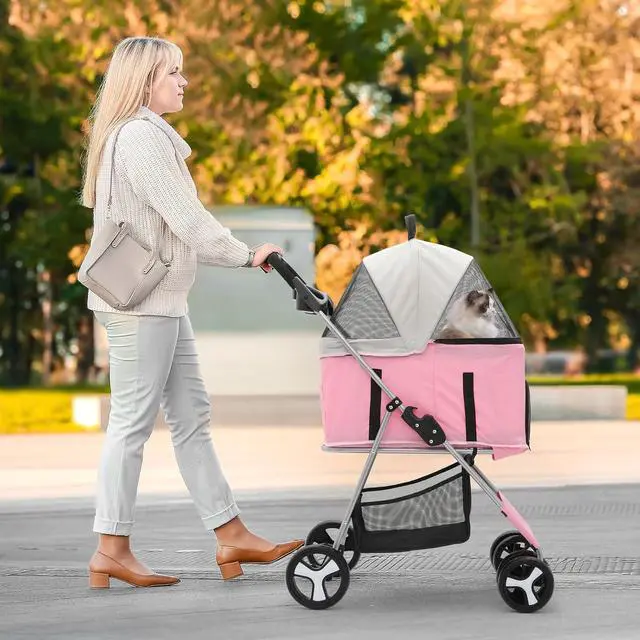 Alt view image 3 of 7 - 3-in-1 Foldable Dog Stroller with Detachable Carrier & Cup Holder, 4 Wheel Foldable Jogging Travel Stroller for Small/Medium Dogs & Cats up to 33 lbs, Pink