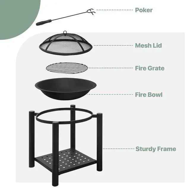 Alt view image 4 of 7 - Outdoor Fire Pit with Wood Storage Spaces, Portable Firepits for Outside with Spark Screen Cover and Poker for Patio, Backyard, Picnic and Garden