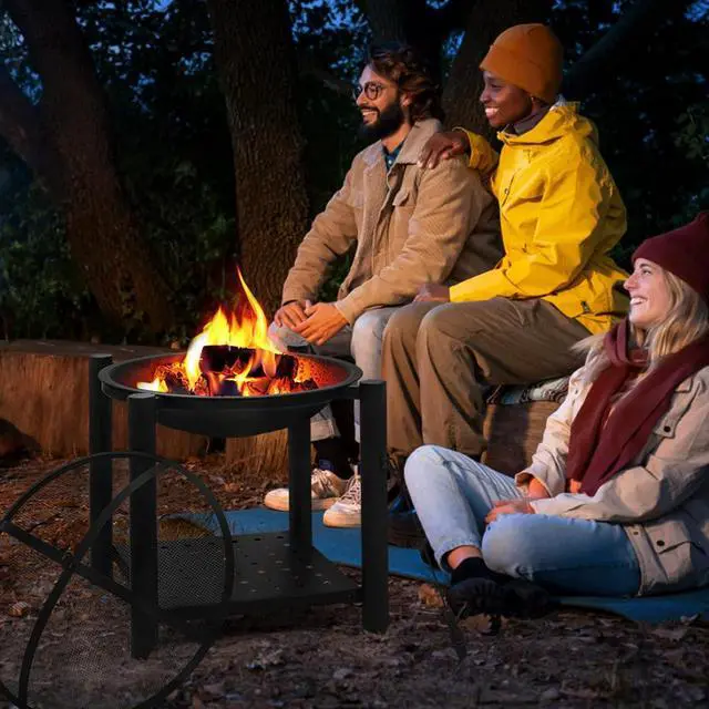 Alt view image 3 of 7 - Outdoor Fire Pit with Wood Storage Spaces, Portable Firepits for Outside with Spark Screen Cover and Poker for Patio, Backyard, Picnic and Garden