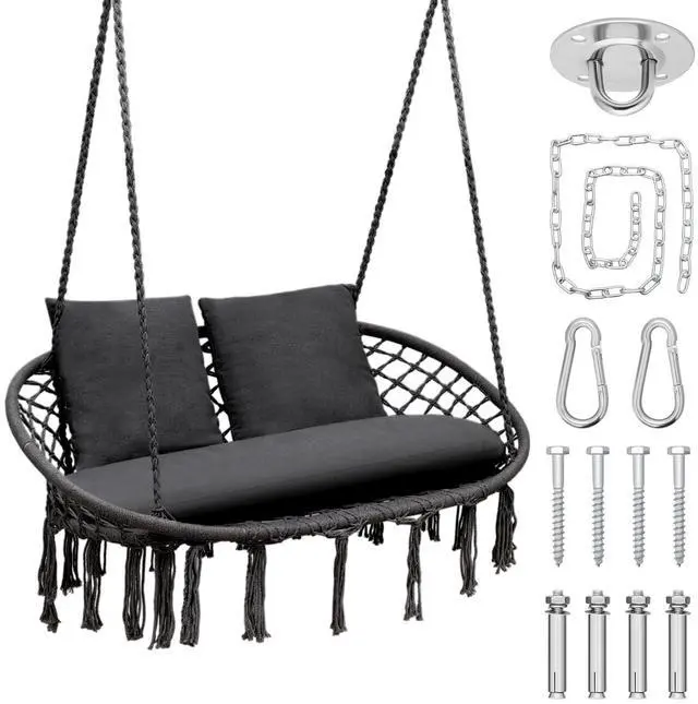 Main image of Double Hammock Chair for Indoor & Outdoor Use, Durable Woven Cotton Ropes & Iron Frame, Comfortable Seating for Patio Garden and Porch, 700 lbs Capacity, Black