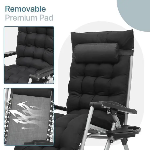 Alt view image 6 of 7 - Outdoor Folding Camping Lounge Zero Gravity Recliner Chair with Removable Cushion (Black)