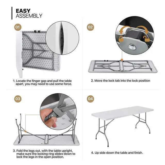 Alt view image 6 of 7 - Portable Table Chair Set, 6Ft Plastic Dining Tables Fold in Half Indoor Outdoor Desk and Portable Stackable Commercial Seat Chair Set of 10 with Steel Frame for Picnic Kitchen Dining