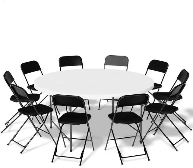 Main image of Portable Table Chair Set, 4.5Ft Heavy Duty Fold in Half Table Desk and Set of 10 Black Stackable Folding Plastic Chairs, 650 LB Weight Capacity for Office Meeting House Dinner