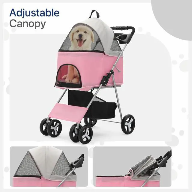 Alt view image 4 of 7 - 3-in-1 Foldable Dog Stroller with Detachable Carrier & Cup Holder, 4 Wheel Foldable Jogging Travel Stroller for Small/Medium Dogs & Cats up to 33 lbs, Pink
