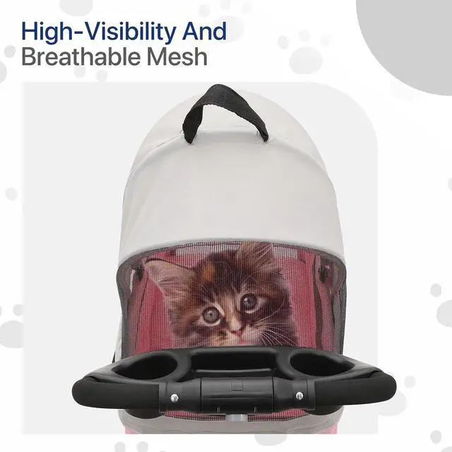 Alt view image 7 of 7 - 3-in-1 Foldable Dog Stroller with Detachable Carrier & Cup Holder, 4 Wheel Foldable Jogging Travel Stroller for Small/Medium Dogs & Cats up to 33 lbs, Pink