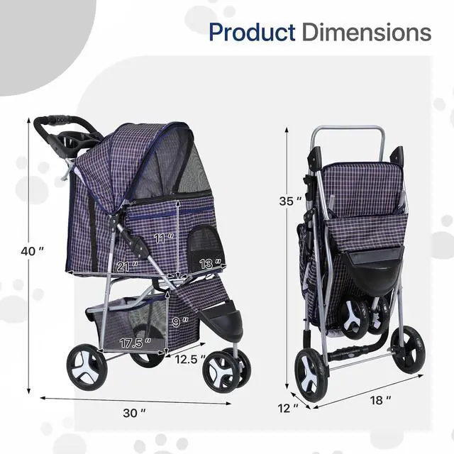 Alt view image 2 of 7 - Dog Stroller for Dogs and Cats, Foldable Pet Jogger Stroller with Cup Holders, Cat Stroller w/Bottom Storage for Pets up to 33 lbs, Plaid