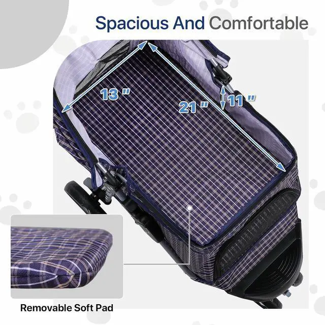 Alt view image 6 of 7 - Dog Stroller for Dogs and Cats, Foldable Pet Jogger Stroller with Cup Holders, Cat Stroller w/Bottom Storage for Pets up to 33 lbs, Plaid