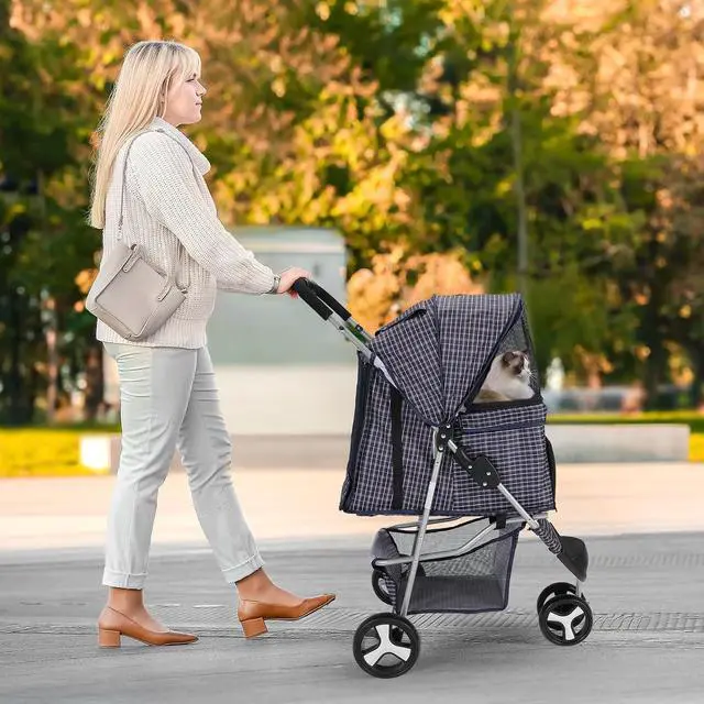 Alt view image 3 of 7 - Dog Stroller for Dogs and Cats, Foldable Pet Jogger Stroller with Cup Holders, Cat Stroller w/Bottom Storage for Pets up to 33 lbs, Plaid