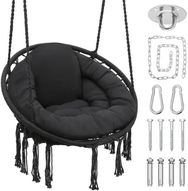 Main image of Hammock Chair w/Cushion for Indoor & Outdoor Relaxation, Single Seat, Durable Woven Cotton Ropes & Iron Frame, Perfect for Patio Garden Balcony, 350 lbs Capacity, Black