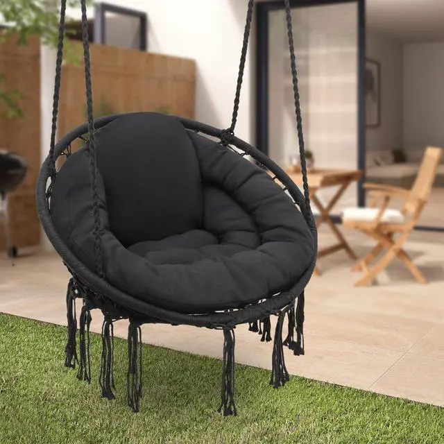 Alt view image 3 of 7 - Hammock Chair w/Cushion for Indoor & Outdoor Relaxation, Single Seat, Durable Woven Cotton Ropes & Iron Frame, Perfect for Patio Garden Balcony, 350 lbs Capacity, Black