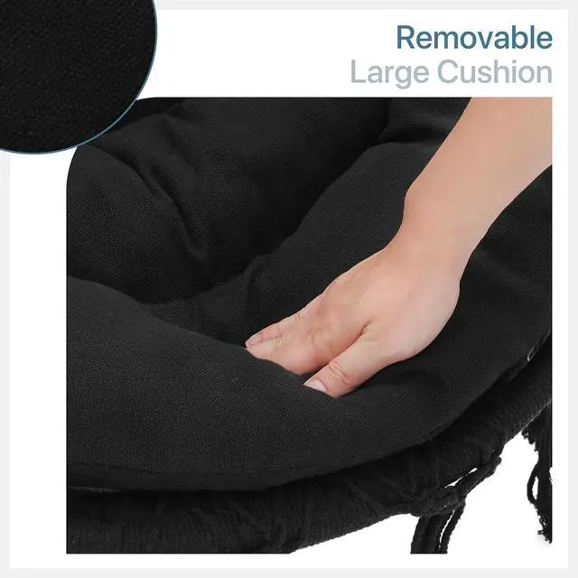Alt view image 4 of 7 - Hammock Chair w/Cushion for Indoor & Outdoor Relaxation, Single Seat, Durable Woven Cotton Ropes & Iron Frame, Perfect for Patio Garden Balcony, 350 lbs Capacity, Black