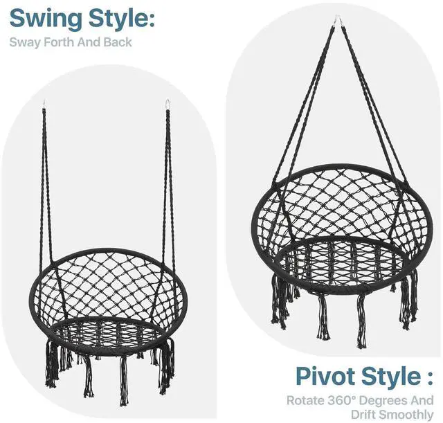 Alt view image 5 of 7 - Hammock Chair w/Cushion for Indoor & Outdoor Relaxation, Single Seat, Durable Woven Cotton Ropes & Iron Frame, Perfect for Patio Garden Balcony, 350 lbs Capacity, Black