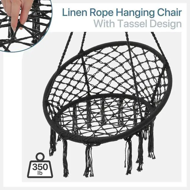 Alt view image 6 of 7 - Hammock Chair w/Cushion for Indoor & Outdoor Relaxation, Single Seat, Durable Woven Cotton Ropes & Iron Frame, Perfect for Patio Garden Balcony, 350 lbs Capacity, Black