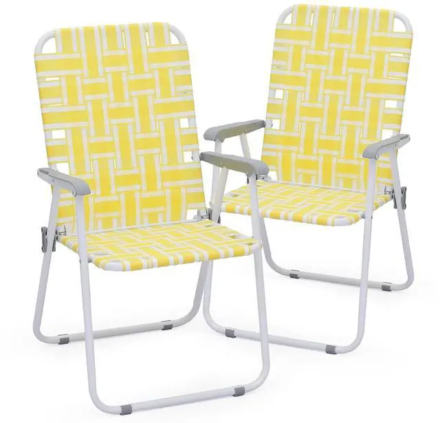 Main image of Folding Webbed Chairs for Adults, Patio Portable Lawn Beach Chairs Set of 2 with Steel Frame, Outdoor Lounge Camping Chairs for Patio Yard Garden Backyard, 2-Pack, Yellow