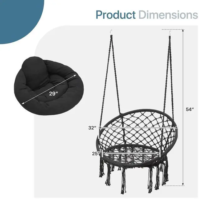 Alt view image 2 of 7 - Hammock Chair w/Cushion for Indoor & Outdoor Relaxation, Single Seat, Durable Woven Cotton Ropes & Iron Frame, Perfect for Patio Garden Balcony, 350 lbs Capacity, Black