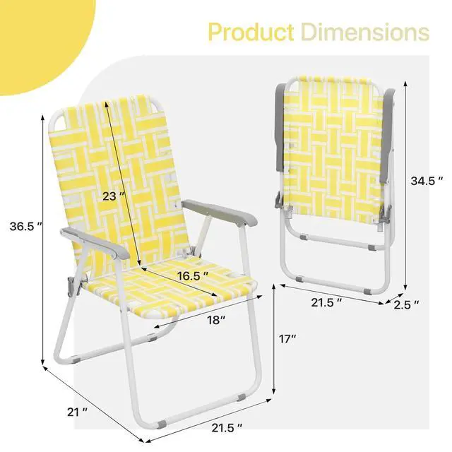 Alt view image 3 of 7 - Folding Webbed Chairs for Adults, Patio Portable Lawn Beach Chairs Set of 2 with Steel Frame, Outdoor Lounge Camping Chairs for Patio Yard Garden Backyard, 2-Pack, Yellow