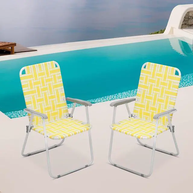 Alt view image 2 of 7 - Folding Webbed Chairs for Adults, Patio Portable Lawn Beach Chairs Set of 2 with Steel Frame, Outdoor Lounge Camping Chairs for Patio Yard Garden Backyard, 2-Pack, Yellow