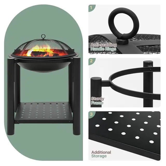 Alt view image 7 of 7 - Outdoor Fire Pit with Wood Storage Spaces, Portable Firepits for Outside with Spark Screen Cover and Poker for Patio, Backyard, Picnic and Garden