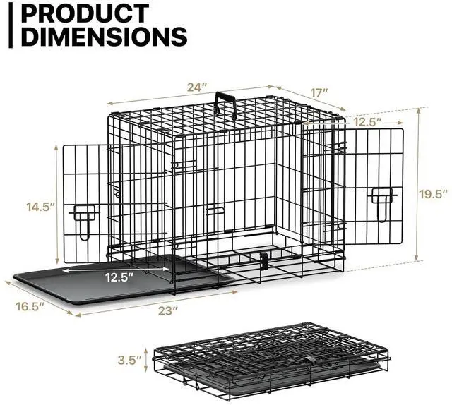 Alt view image 2 of 7 - 24/30/36/42/48 Dog Crates, Foldable Metal Wire Dog Cage with Double-Door, Outdoor Indoor Pet Kennels, Includes Leak-Proof Pan, Divider Panel, Black, 24"