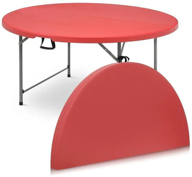 Main image of Round Plastic Bi-Folding Table with Carrying Handle, Indoor Outdoor Portable Table for Patio Party Wedding Event Conference, Red, 60 Inch