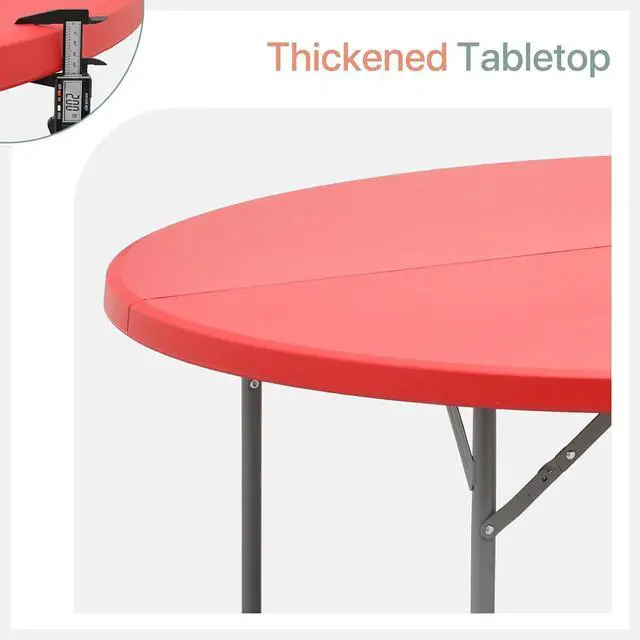 Alt view image 4 of 7 - Round Plastic Bi-Folding Table with Carrying Handle, Indoor Outdoor Portable Table for Patio Party Wedding Event Conference, Red, 60 Inch