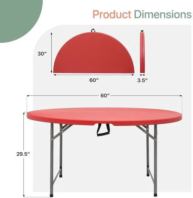 Alt view image 3 of 7 - Round Plastic Bi-Folding Table with Carrying Handle, Indoor Outdoor Portable Table for Patio Party Wedding Event Conference, Red, 60 Inch