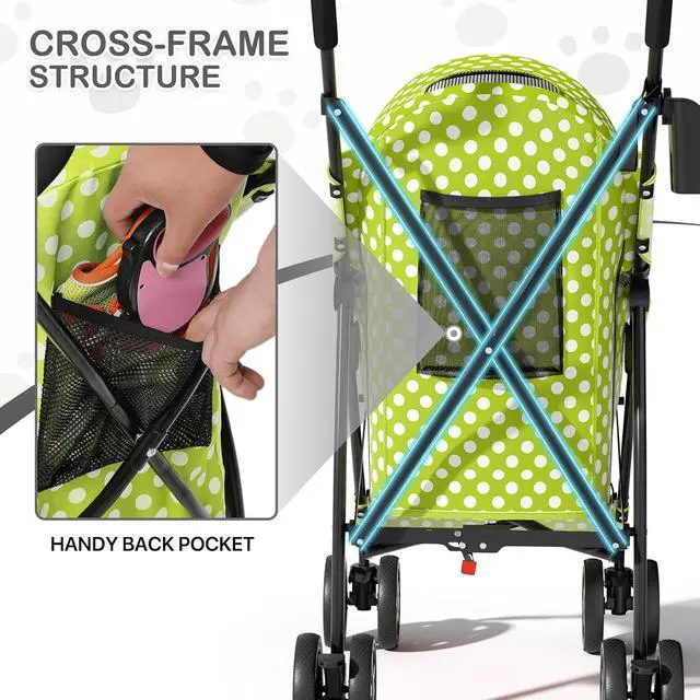 Alt view image 4 of 7 - 4 Wheels Pet Stroller, Easy-Fold Umbrella Shaped Dog Cat Jogger Stroller w/Storage Bag & Visible Mesh for Small/Medium Dogs Cats Lawn Green Polka Dots